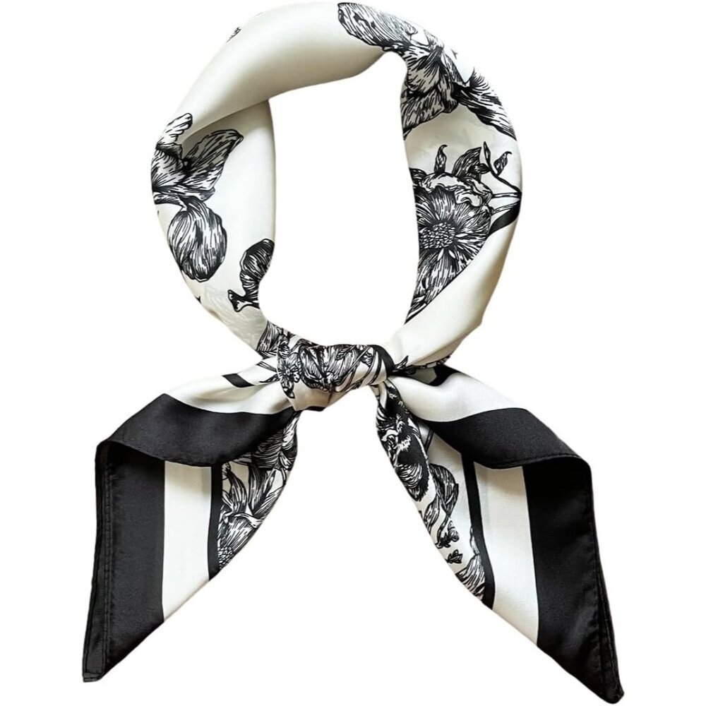 Silk Feel White Flowers Edge Satin Square Head Scarf for Women Medium 28 Inch